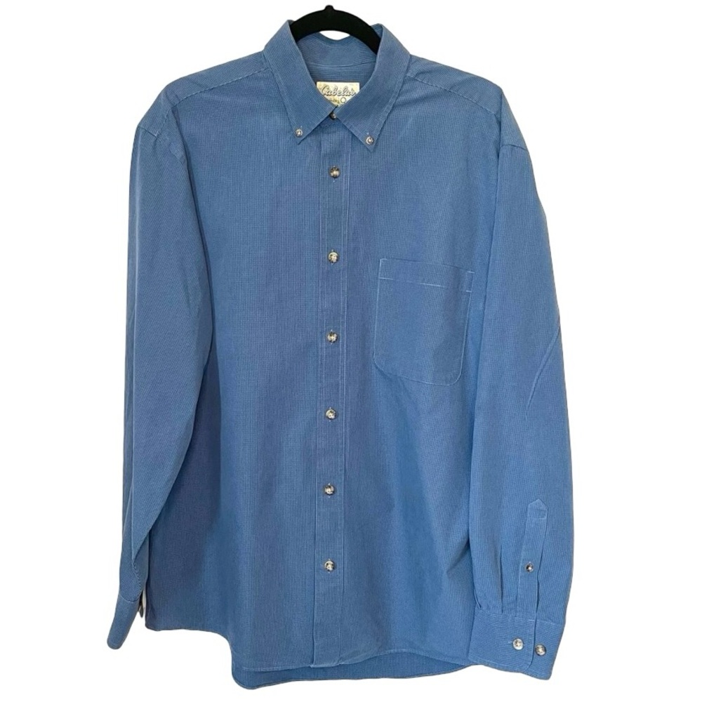 Cabelas Men’s Blue Checkered Plaid Long Sleeve Button Down Shirt Size Large